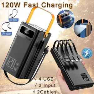 120W 50000mAh Portable Power Bank with Built-in Cables & LED Light