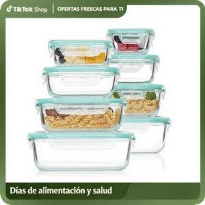 9 Piezas Recipientes de Vidrio para Almacenamiento de Alimentos con Tapas (8 Recipientes + 1 Juego de Cubiertos), Juego de Recipientes de Vidrio para Preparación de Comidas con Tapa de Bloqueo, Recipiente de Almuerzo de Vidrio, Aptos para Microondas, Refr
